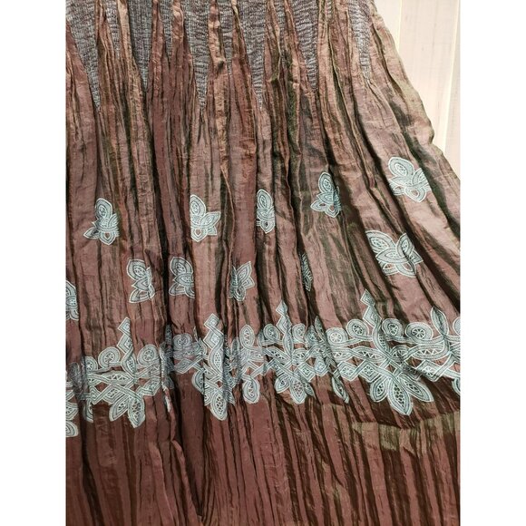 Coldwater Creek XL Crinkle Boho Maxi Skirt Brown w Blue Floral Design Stretch - Picture 3 of 8